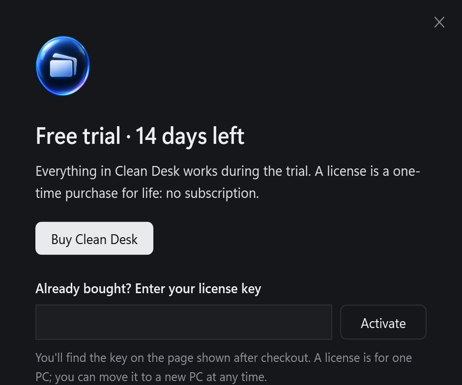 Clean Desk license window