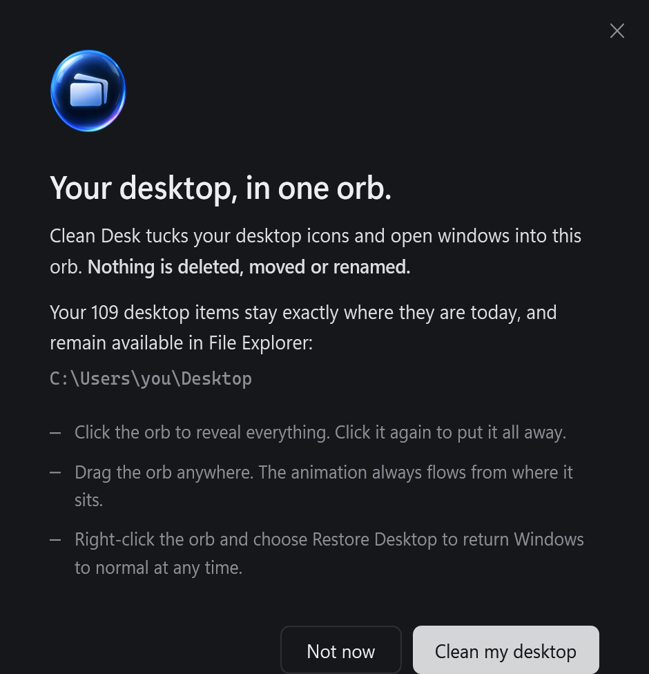 Clean Desk welcome window